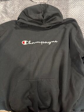 Champagne Black Crewneck Hoodie with White Script and Red Accent